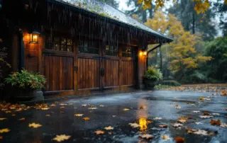 Rainwater pooling near garage door threshold during Portland's rainy season