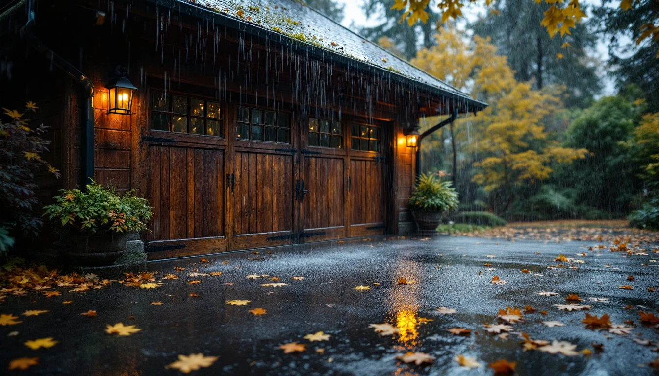 Rainwater pooling near garage door threshold during Portland's rainy season
