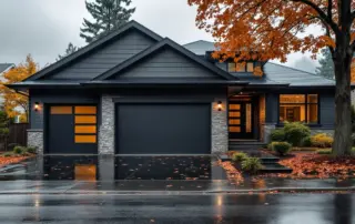 Modern Portland home with garage during fall rainstorm showing wet driveway and autumn leaves