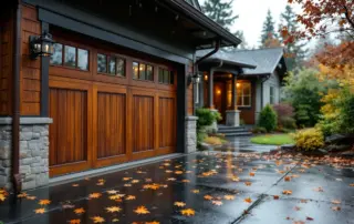 Portland craftsman home garage with visible weather seals and drainage during autumn rain