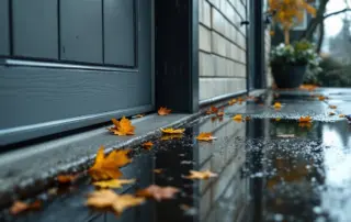 Rainwater pooling near garage door weatherstripping during Portland's rainy season