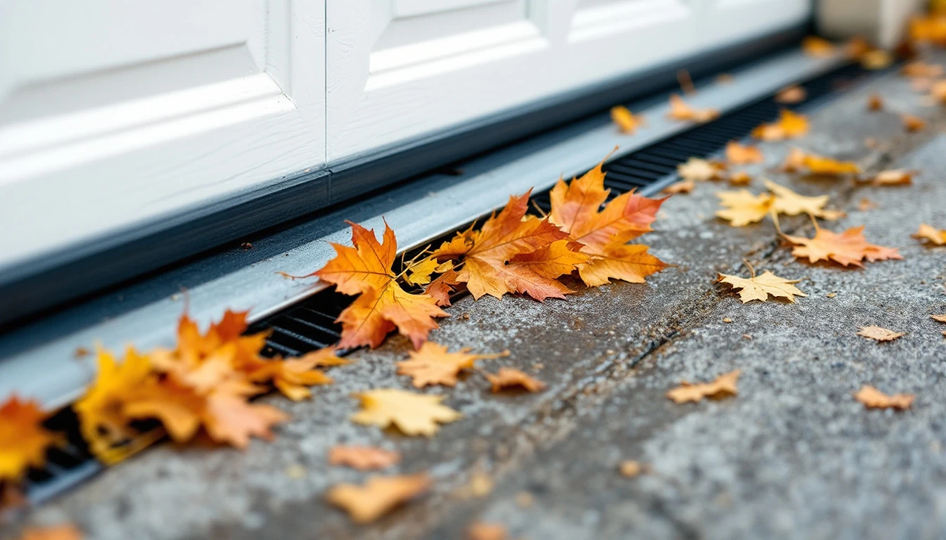 Autumn leaves clogged in garage door track and floor drain creating maintenance obstruction