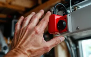 Hand pulling red manual release cord on residential garage door opener mechanism