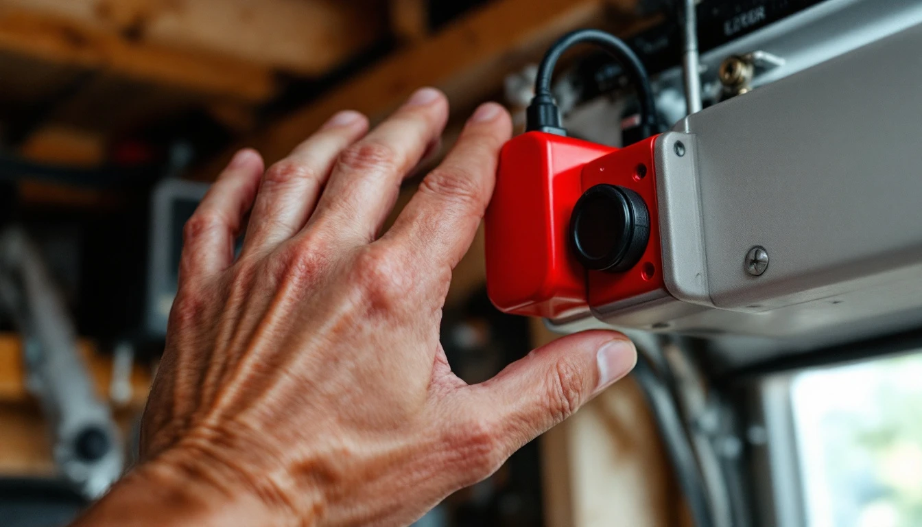 Hand pulling red manual release cord on residential garage door opener mechanism