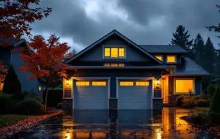 Modern Portland home garage during autumn storm with wet driveway and operational interior lighting