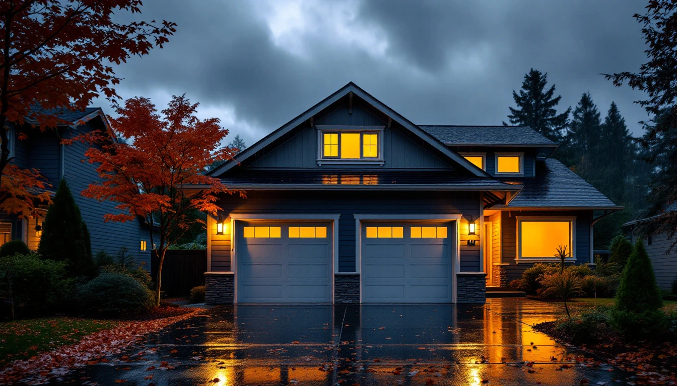 Modern Portland home garage during autumn storm with wet driveway and operational interior lighting