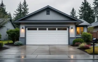 Modern Oregon home with two-car garage door and concrete driveway under overcast Pacific Northwest sky