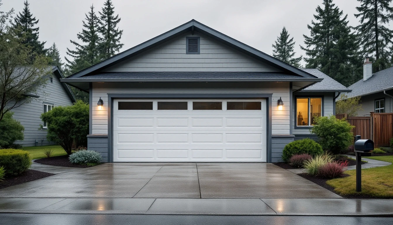 Modern Oregon home with two-car garage door and concrete driveway under overcast Pacific Northwest sky