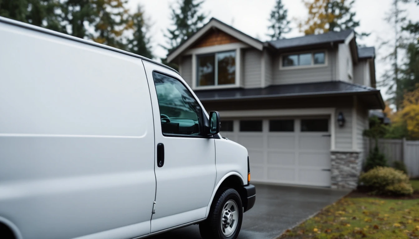 Unmarked service van parked at residential home in Washington neighborhood illustrating contractor operations
