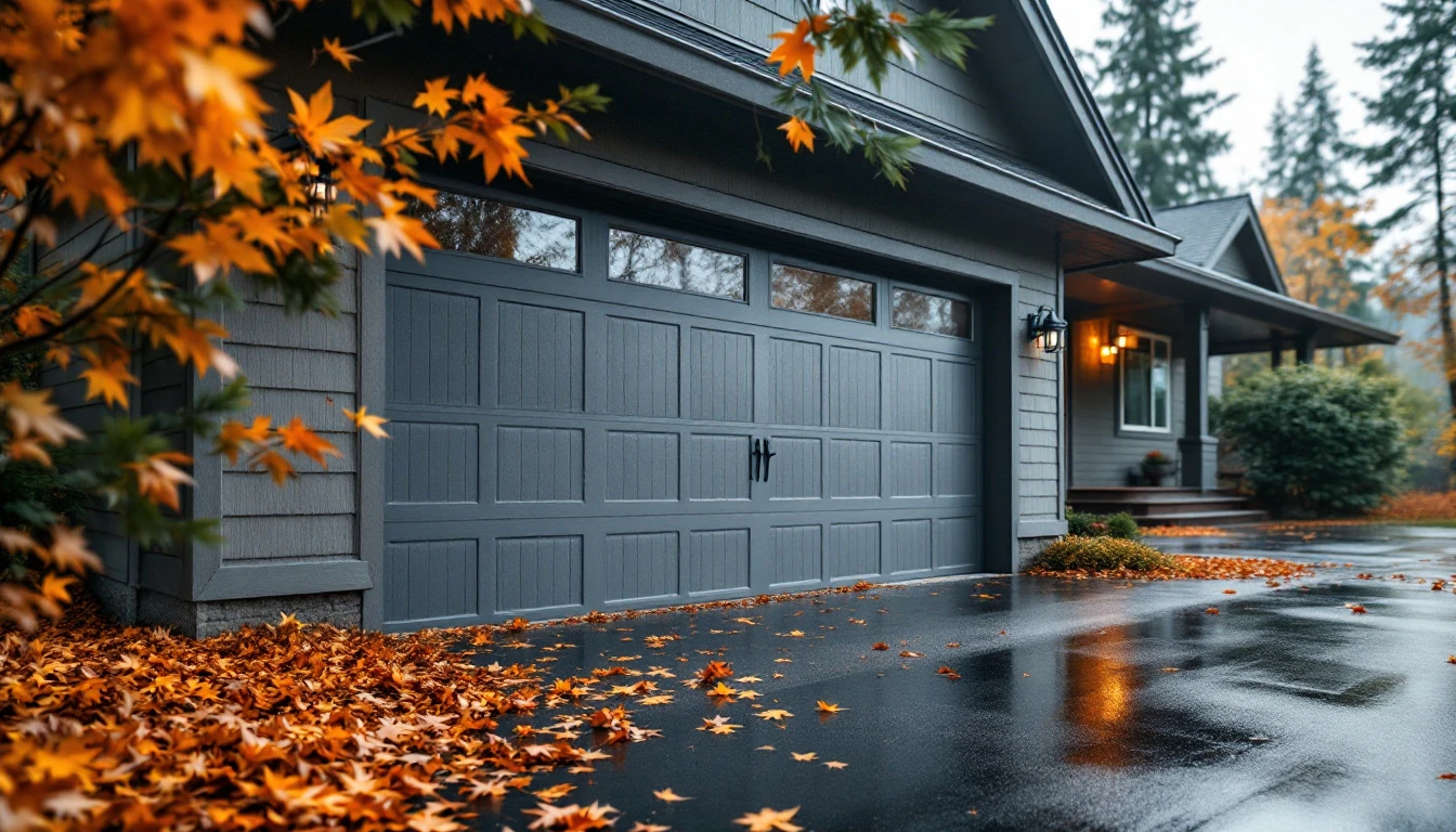 Residential garage door with fallen autumn leaves as wet season begins in Pacific Northwest