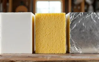 Three insulation materials side by side: polystyrene foam board, polyurethane spray foam, and reflective barrier