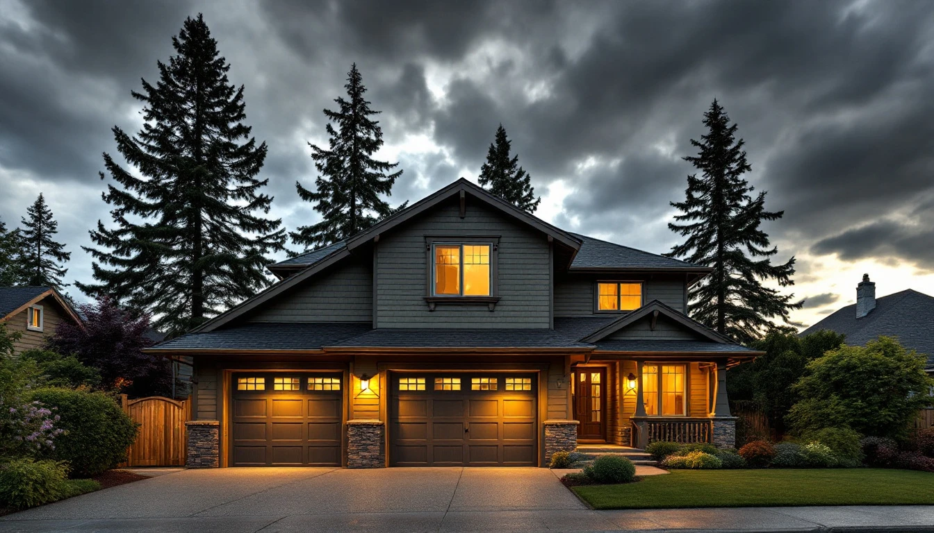 Oregon Craftsman home with secured garage door and reinforced exterior during approaching storm