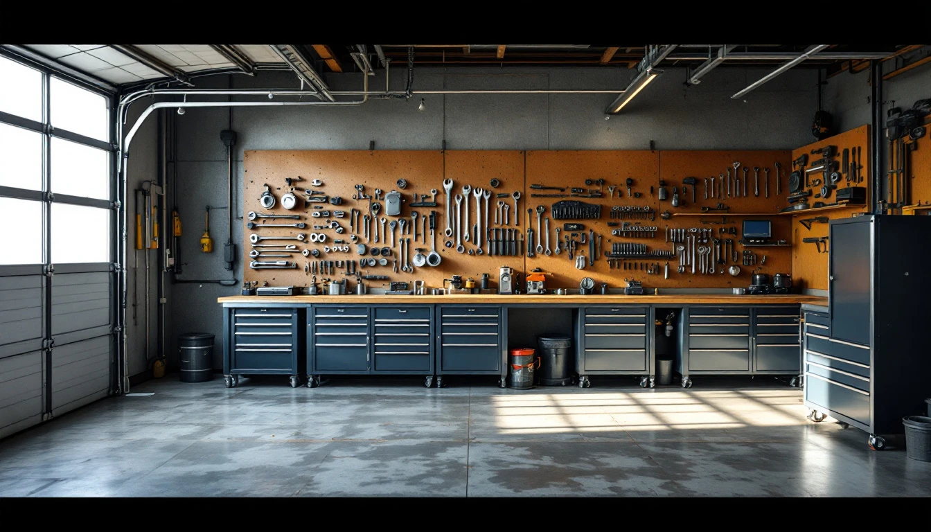 Professional garage workshop with organized tools and workbenches in Clark County