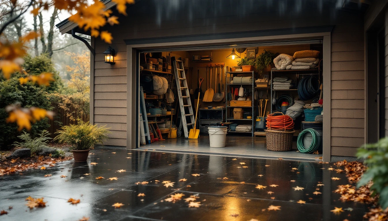 Portland craftsman home with open garage showing winter equipment storage on a rainy autumn day
