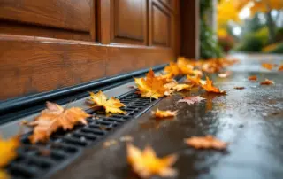 Fallen autumn leaves clogging a garage door track and floor drain on wet concrete driveway