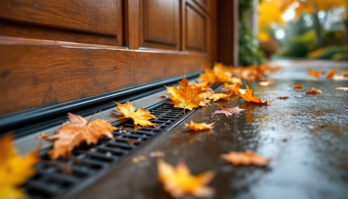 Fallen autumn leaves clogging a garage door track and floor drain on wet concrete driveway