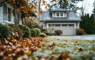 Portland home exterior with winterization preparations including covered faucets and stored garden equipment