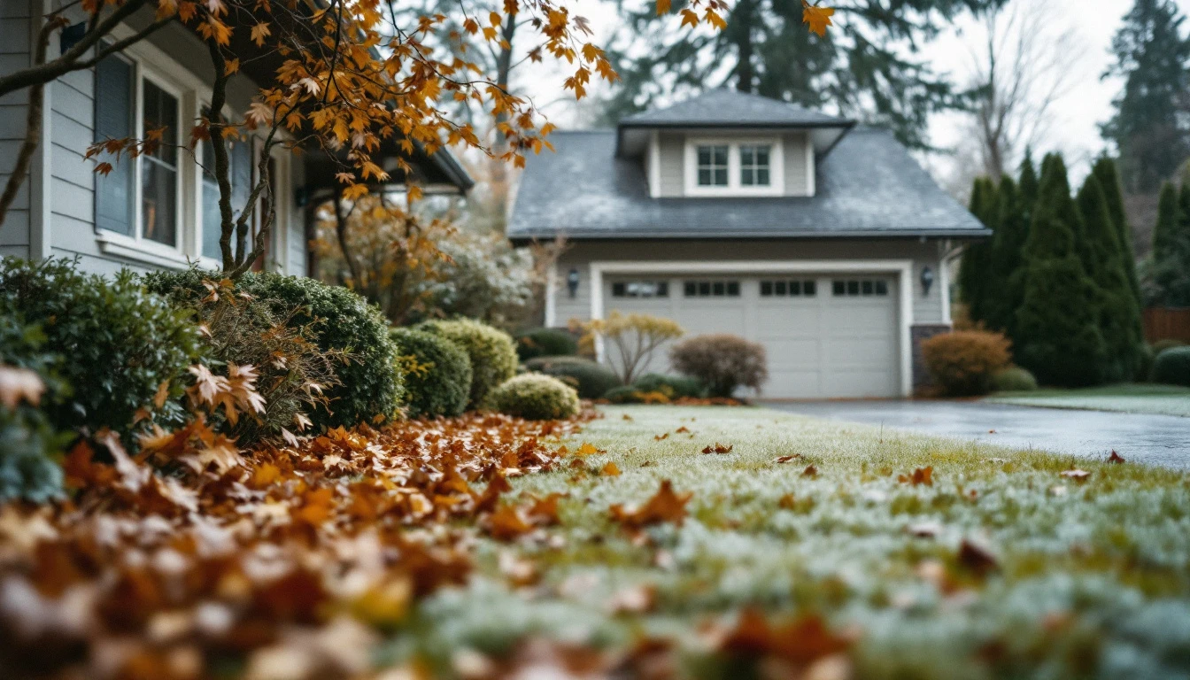 Portland home exterior with winterization preparations including covered faucets and stored garden equipment
