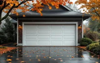 Closed residential garage door on wet driveway with autumn leaves in Portland neighborhood