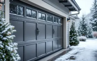 Frost-covered garage door on Portland craftsman home during winter morning with evergreen landscaping