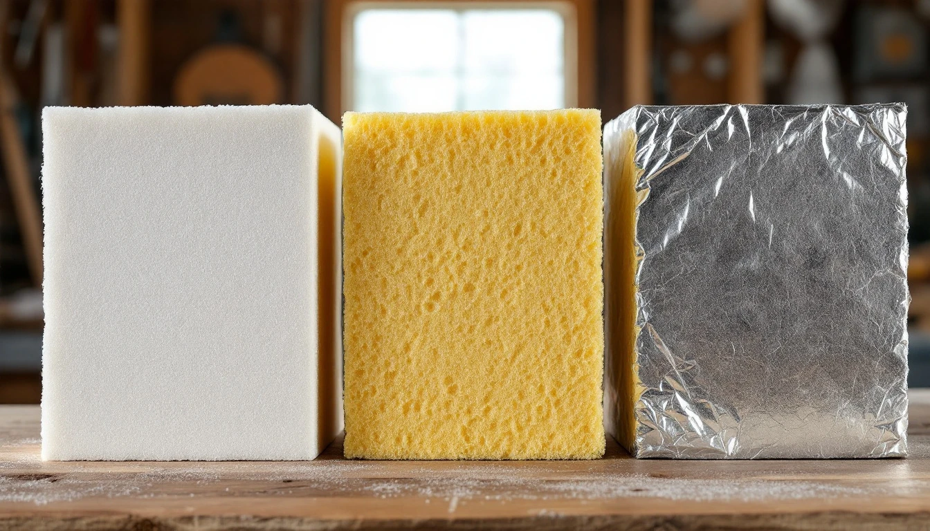 Three insulation materials side by side: polystyrene foam board, polyurethane spray foam, and reflective barrier
